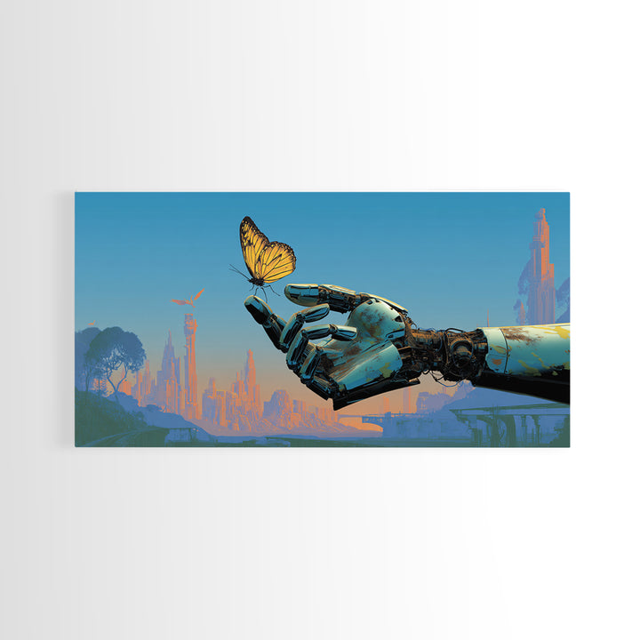 Robotic Hand Holding a Delicate Butterfly Canvas Print, Futuristic Art, Landscape Art, Living Room Decor, Fine Art, Future, FUT-2x1-76
