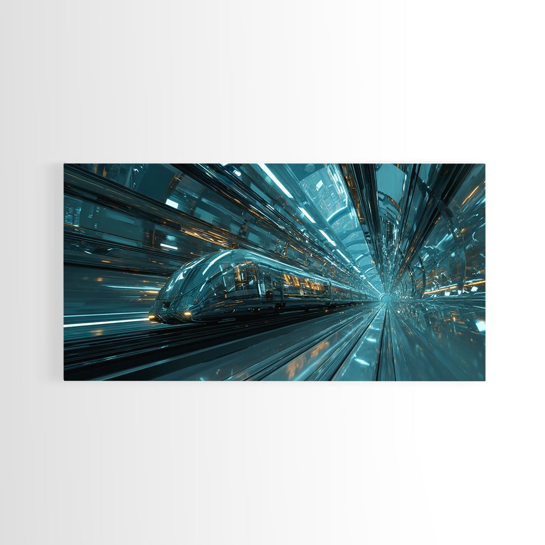 Transparent Train Speeding Through Light Tunnels Canvas Print, Futuristic Art, Fine Art Print, Living Room Decor, Future, FUT-2x1-79