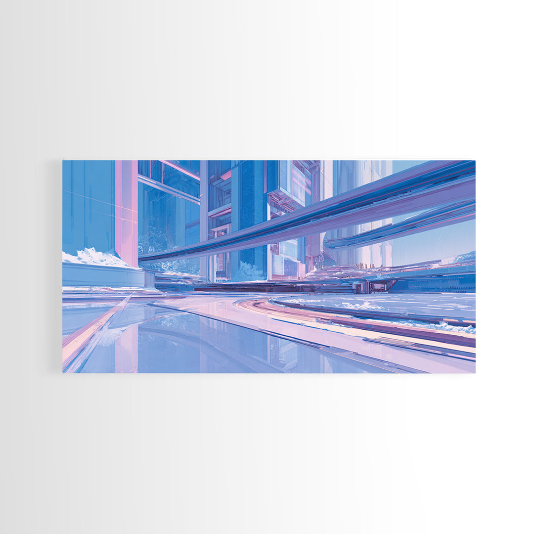 White and Blue Utopian Megastructure Framed Canvas Print, Futuristic Art, Colorful Wall Art, Living Room Decor, Future, FUT-2x1-80