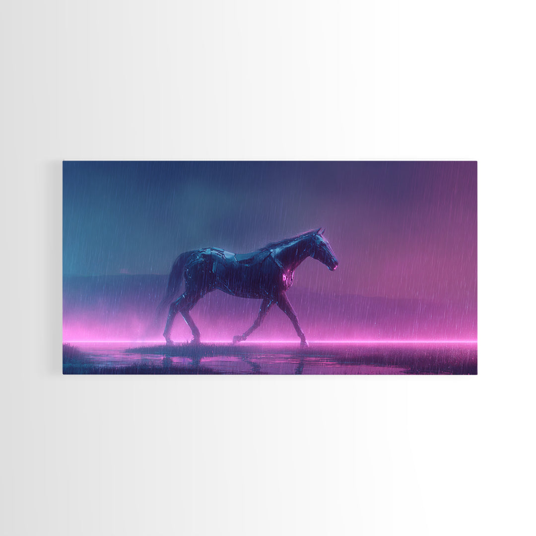 Cybernetic Horse in a Luminous Field Framed Canvas Print, Futuristic Art, Eclectic Home Decor, Living Room Decor, FUT-2x1-81