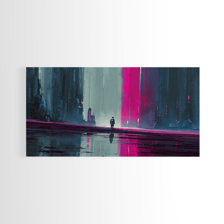 Silver Astronaut Walking Through Neon Desert Framed Canvas Print, Futuristic Art, Modern Decor, Living Room Decor, Future, FUT-2x1-97