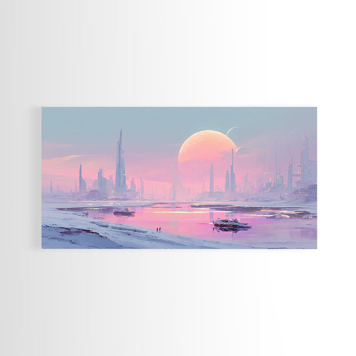 Minimal Spacecraft over a Clean Planet Horizon Canvas Print, Futuristic Art, Contemporary Art, Living Room Decor, Future, FUT-2x1-99