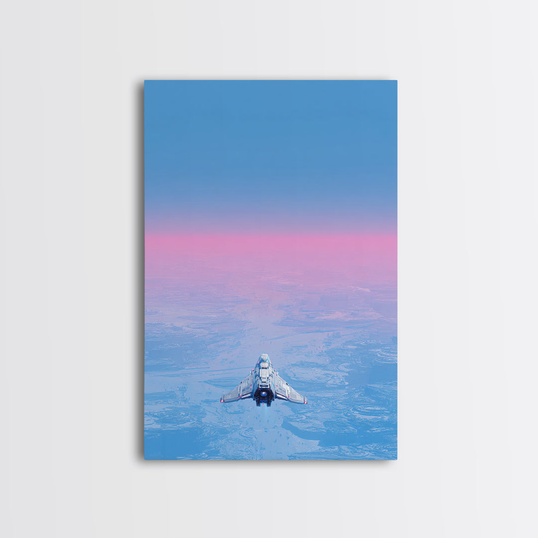Minimal Spacecraft over a Clean Planet Horizon Canvas Print, Futuristic Art, Steampunk Decor, Living Room Decor, Oil Painting, FUT-2x3-15