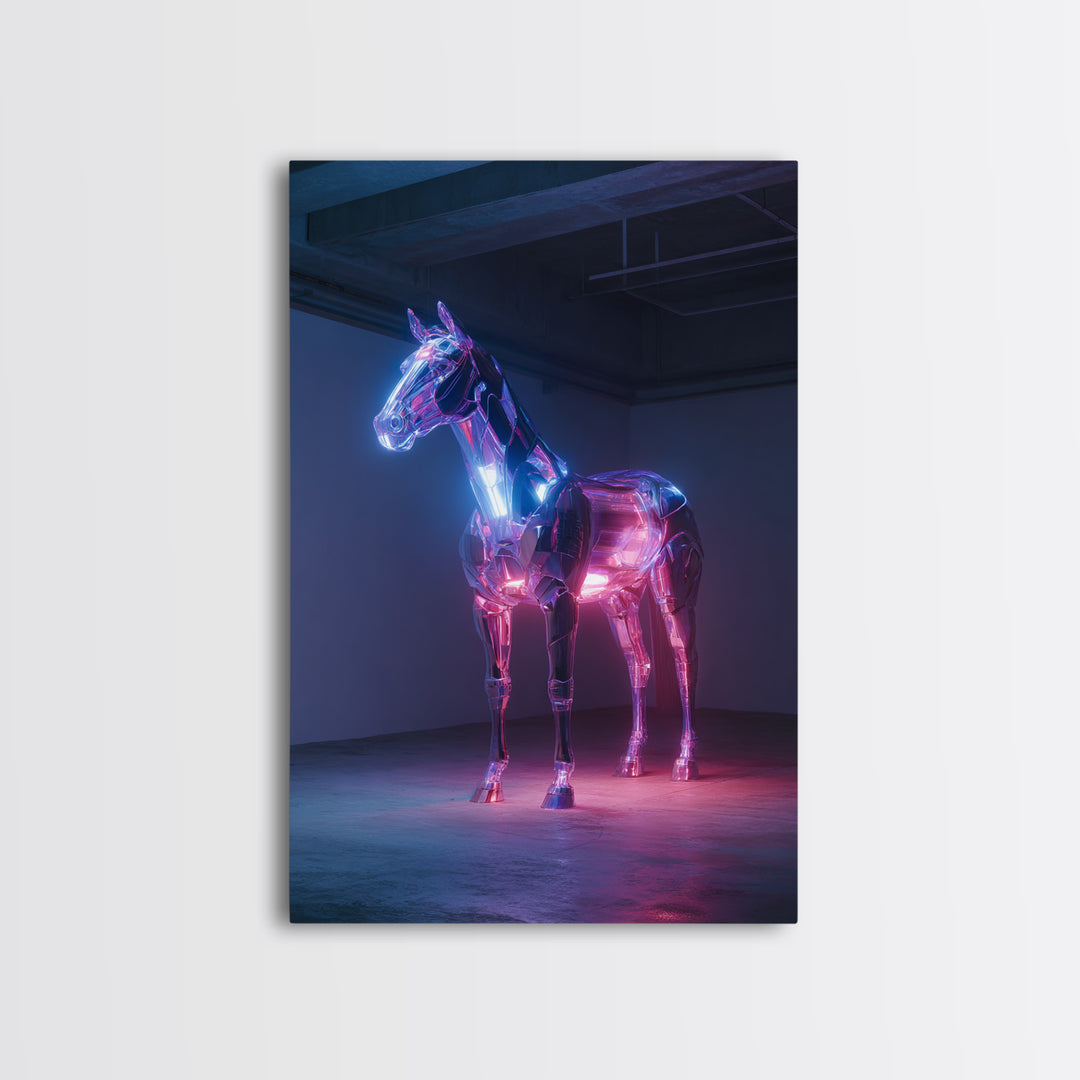 Cybernetic Horse in a Luminous Field Framed Canvas Print, Futuristic Art, Cyberpunk Decor, Living Room Decor, Oil Painting, FUT-2x3-21