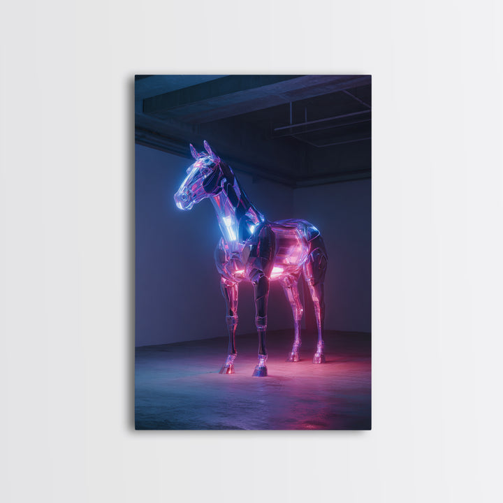 Cybernetic Horse in a Luminous Field Framed Canvas Print, Futuristic Art, Cyberpunk Decor, Living Room Decor, Oil Painting, FUT-2x3-21