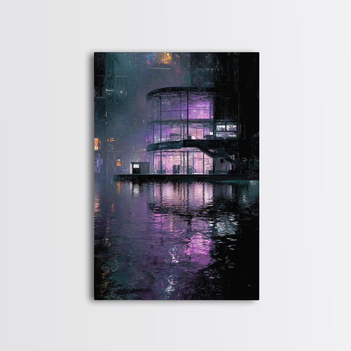 Floating Glass Architecture Above Reflective Water Canvas Print, Futuristic Art, Neutral Decor, Living Room Decor, Future, FUT-2x3-35