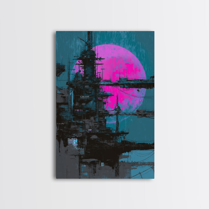 Moon Colony Silhouette Framed Canvas Print, Futuristic Art, Modern Wall Decor, Living Room Decor, Oil Painting, Future, FUT-2x3-53