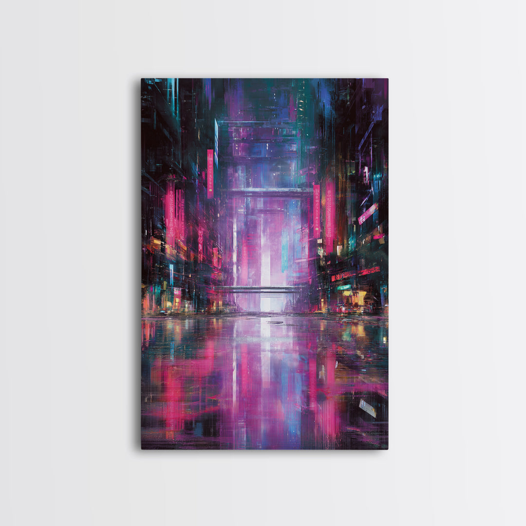 Digital Aurora Above a Clean White City Framed Canvas Print, Futuristic Art, Modern Art, Living Room Decor, Abstract Art, FUT-2x3-56