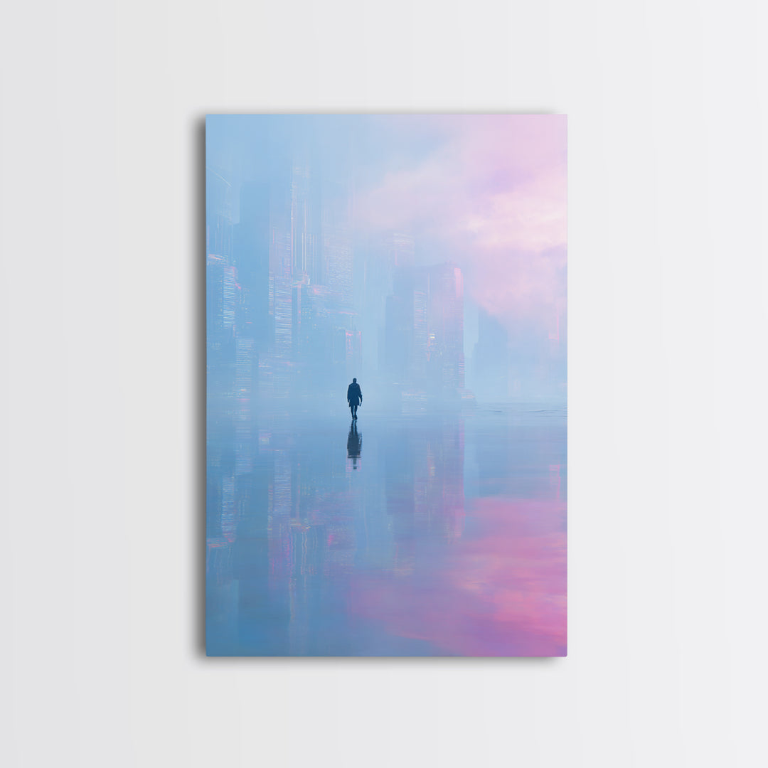 Floating Glass Architecture Above Reflective Water Canvas Print, Futuristic Art, Luxury Decor, Living Room Decor, Future, FUT-2x3-59