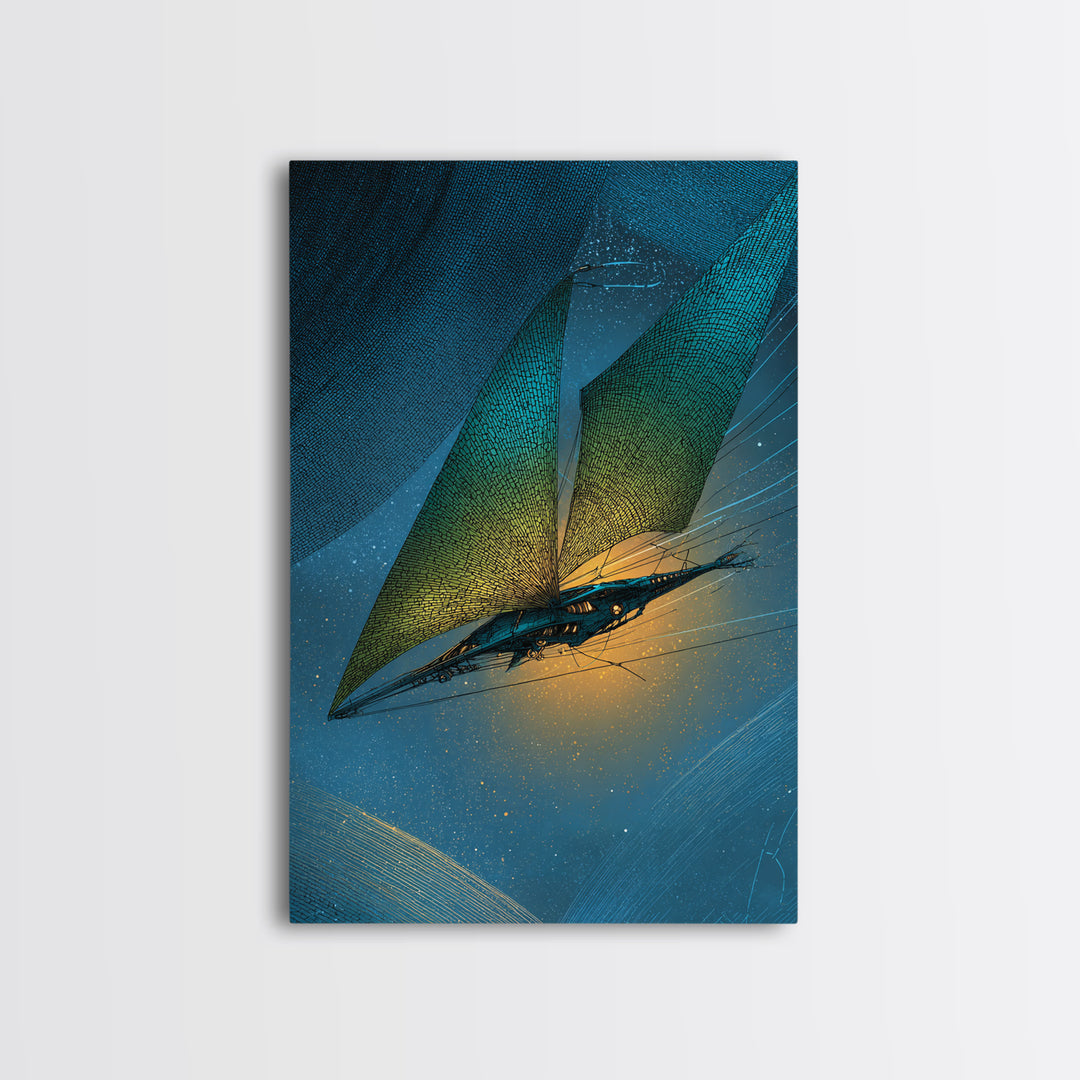 Solar Sail Ship Crossing Star Filled Space Framed Canvas Print, Futuristic Art, Statement Artwork, Living Room Decor, Future, FUT-2x3-73