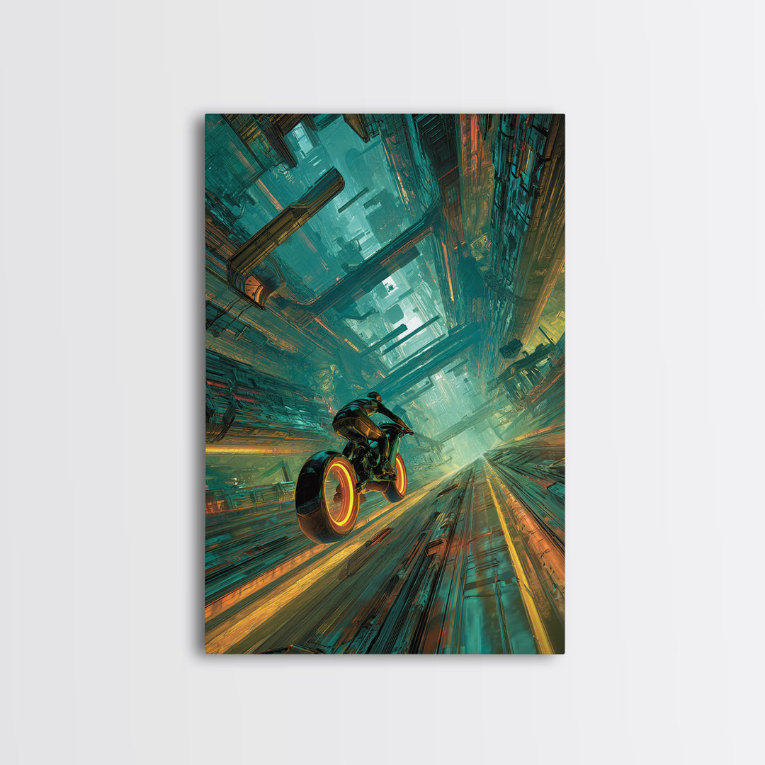 High Speed Hover Bike Trail of Light Framed Canvas Print, Futuristic Art, Room Decor, Living Room Decor, Fine Art, Future, FUT-2x3-76