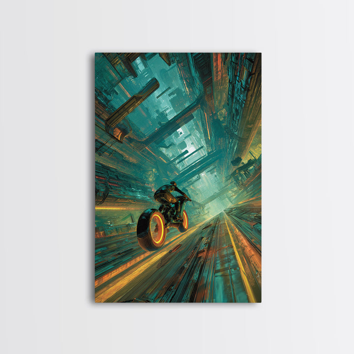 High Speed Hover Bike Trail of Light Framed Canvas Print, Futuristic Art, Room Decor, Living Room Decor, Fine Art, Future, FUT-2x3-76