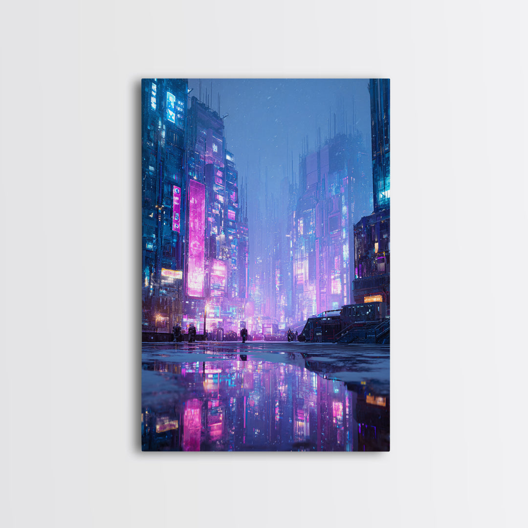 Digital Aurora Above a Clean White City Framed Canvas Print, Futuristic Art, Digital Art, Living Room Decor, Oil Painting, FUT-2x3-8