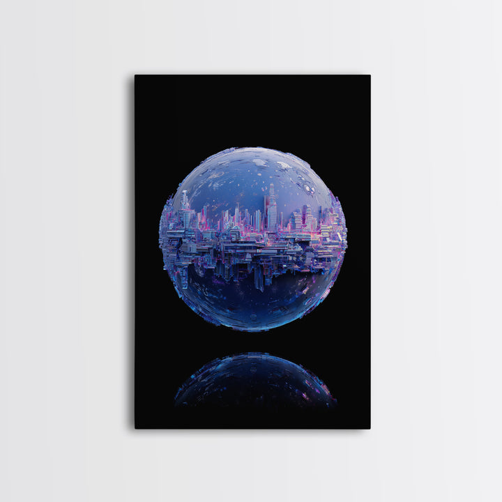 Orbital City Ring Around a Blue Planet Framed Canvas Print, Futuristic Art, Unique Home Decor, Living Room Decor, Future, FUT-2x3-90