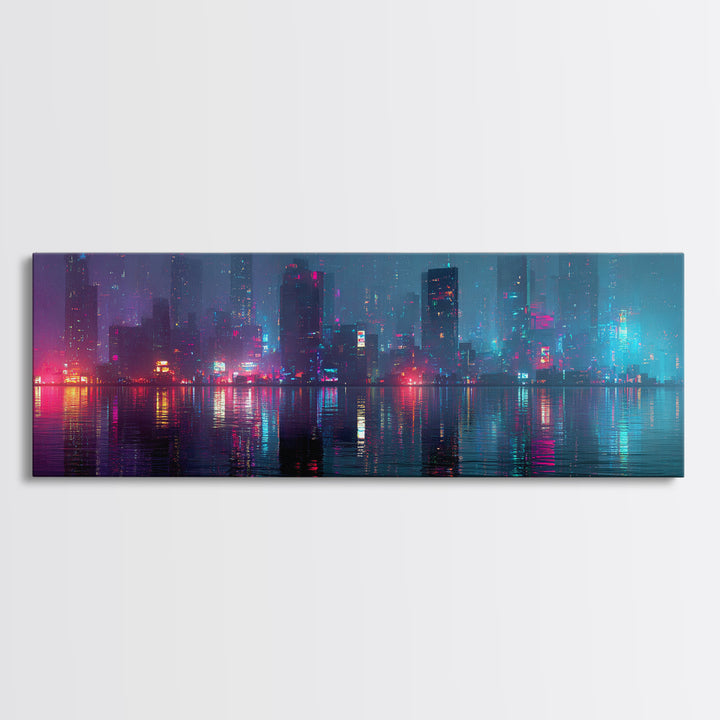 Floating Glass Architecture Above Reflective Water Canvas Print, Futuristic Art, Living Room Decor, Watercolor Art, Future, FUT-3x1-19