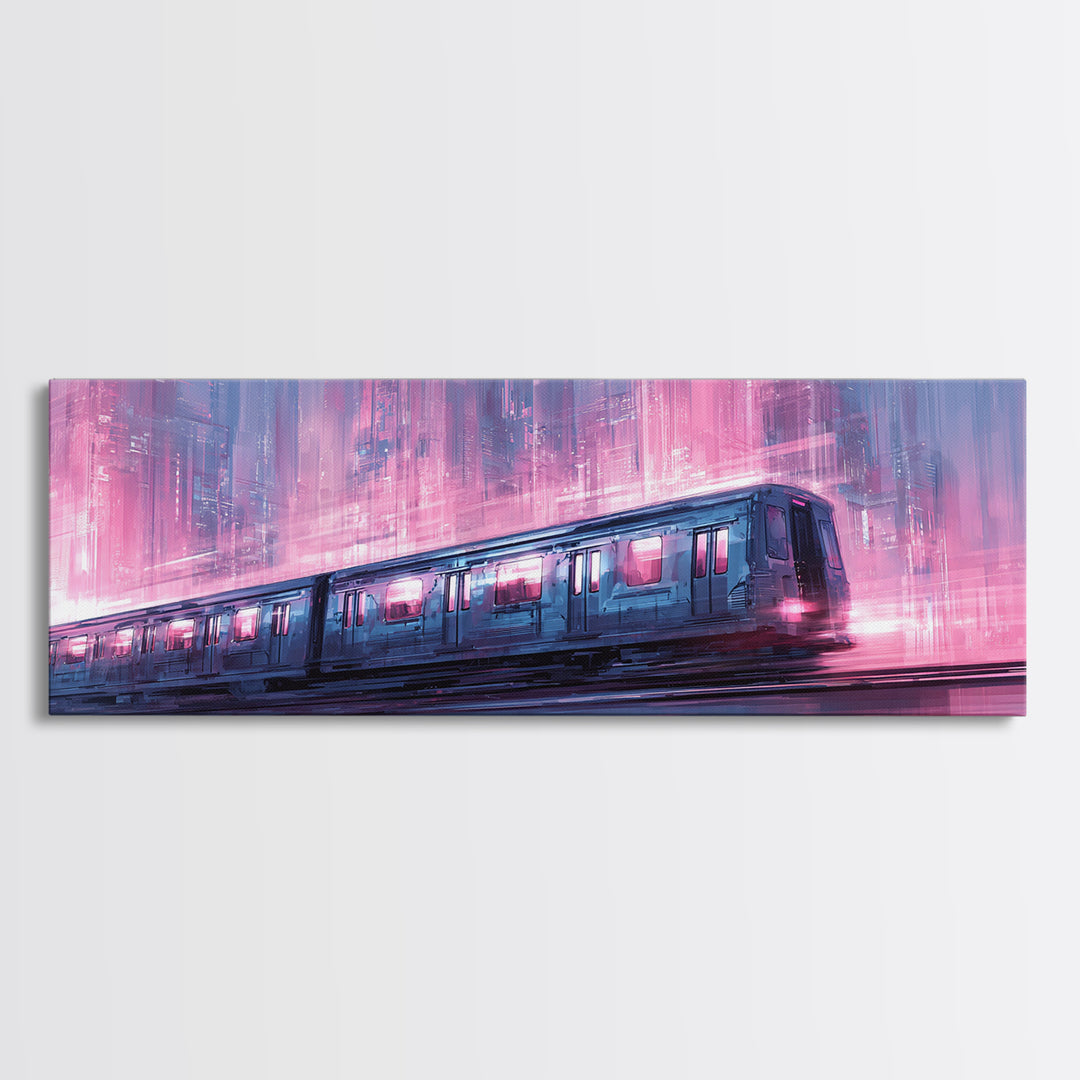 Transparent Train Speeding Through Light Tunnels Framed Canvas Print, Futuristic Art, Art Print, Living Room Decor, Future, FUT-3x1-27