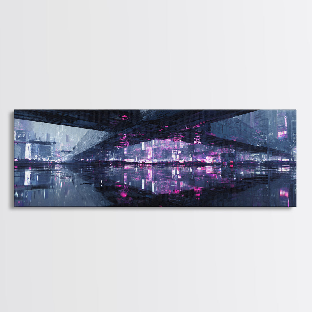 Floating Glass Architecture Above Reflective Water Canvas Print, Futuristic Art, Unique Wall Art, Living Room Decor, Future, FUT-3x1-43