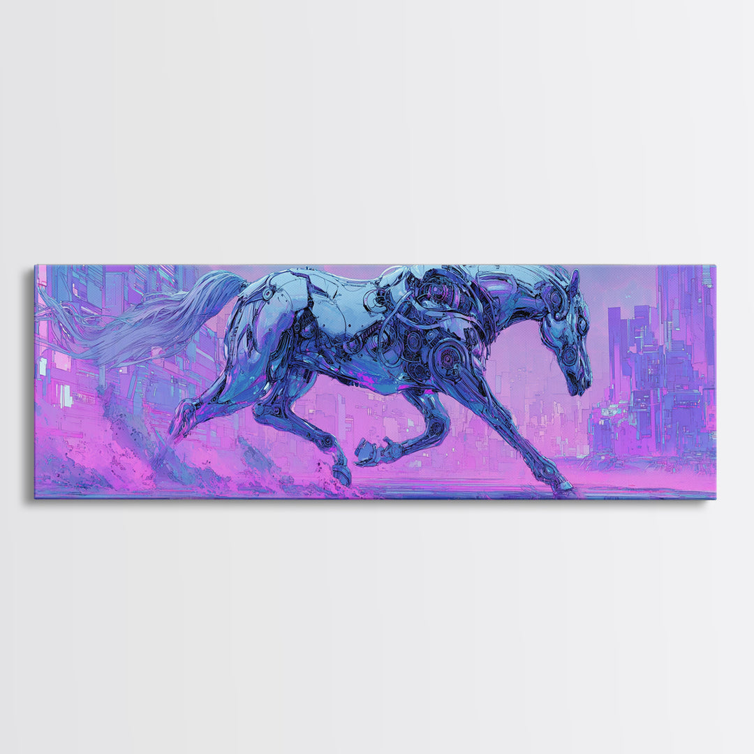 Cybernetic Horse in a Luminous Field Framed Canvas Print, Futuristic Art, Eclectic Home Decor, Living Room Decor, FUT-3x1-5