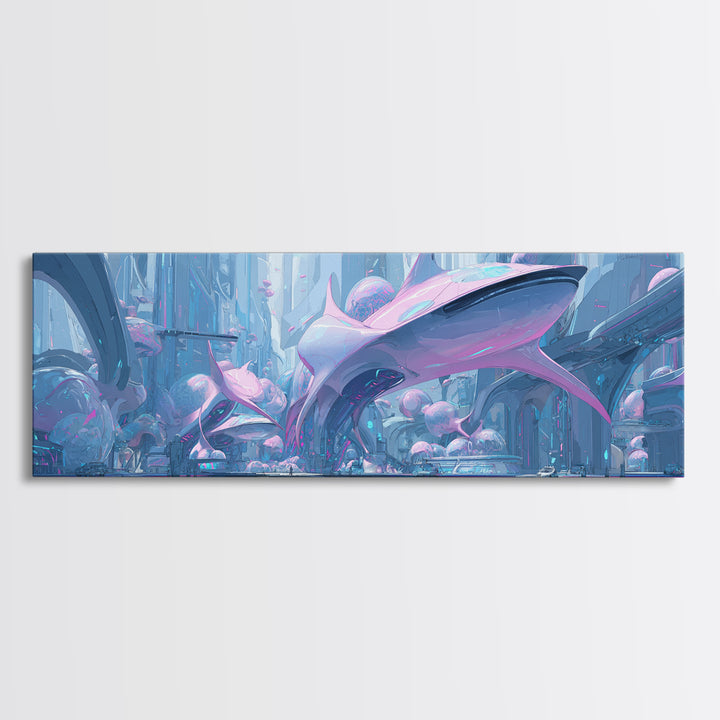 Future Ocean Lab Framed Canvas Print, Futuristic Art, Ai Art, Living Room Decor, Oil Painting, Future, Digital Poster, FUT-3x1-55