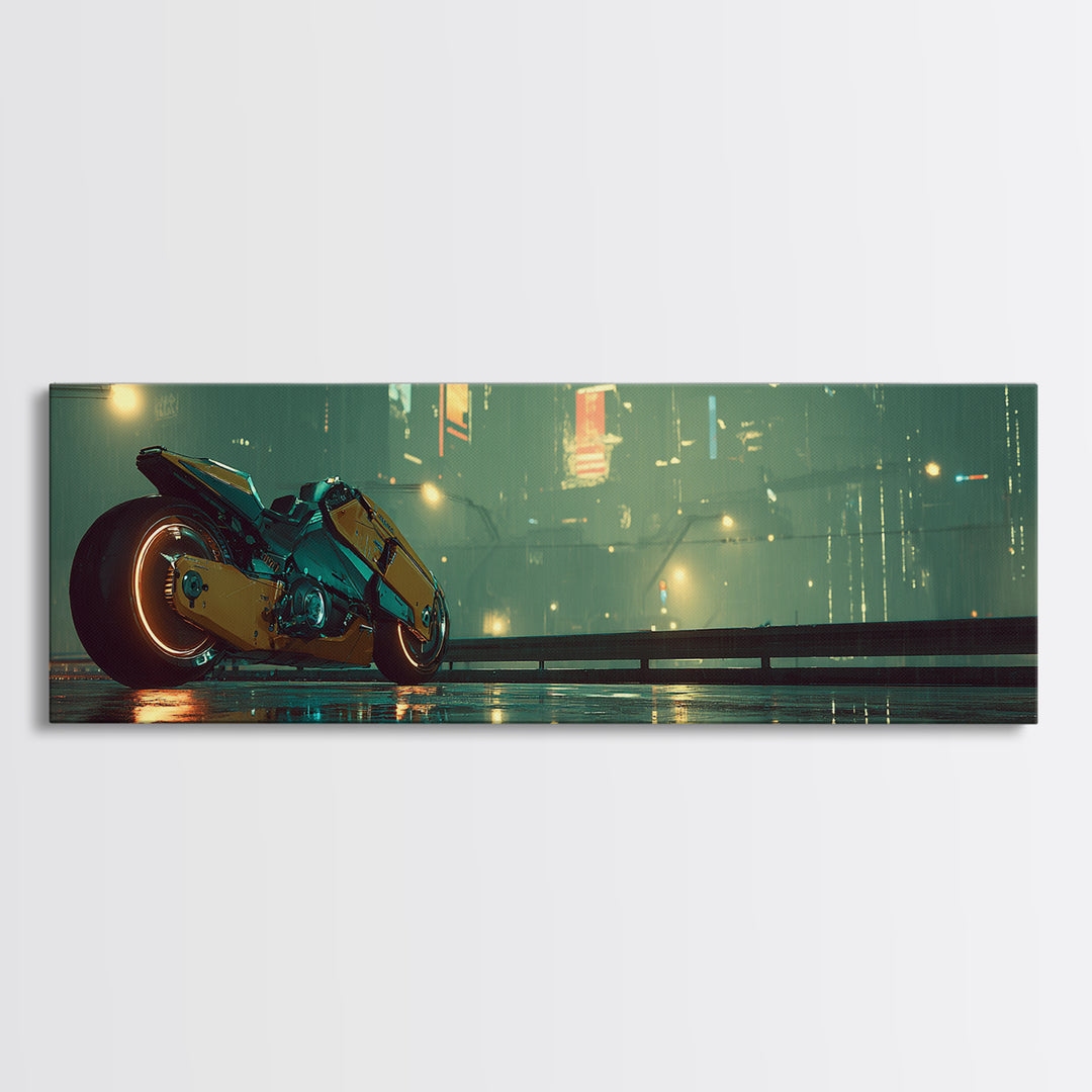 High Speed Hover Bike Trail of Light Framed Canvas Print, Futuristic Art, Textured Painting, Living Room Decor, Future, FUT-3x1-60