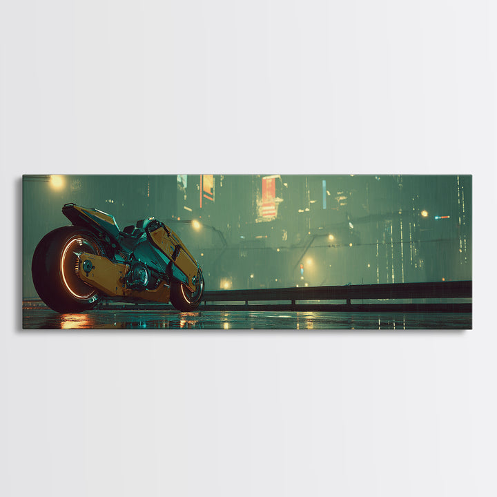 High Speed Hover Bike Trail of Light Framed Canvas Print, Futuristic Art, Textured Painting, Living Room Decor, Future, FUT-3x1-60