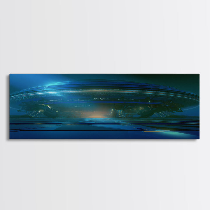 White and Blue Utopian Megastructure Canvas Print, Futuristic Art, Mid Century Modern, Living Room Decor, Fine Art, Future, FUT-3x1-76