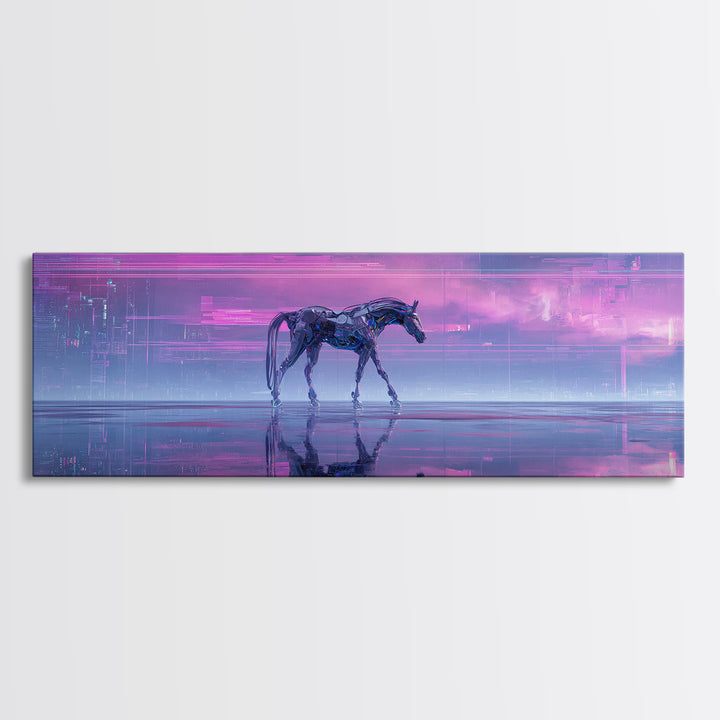 Cybernetic Horse in a Luminous Field Framed Canvas Print, Futuristic Art, Minimalist Decor, Living Room Decor, Fine Art, Future, FUT-3x1-77