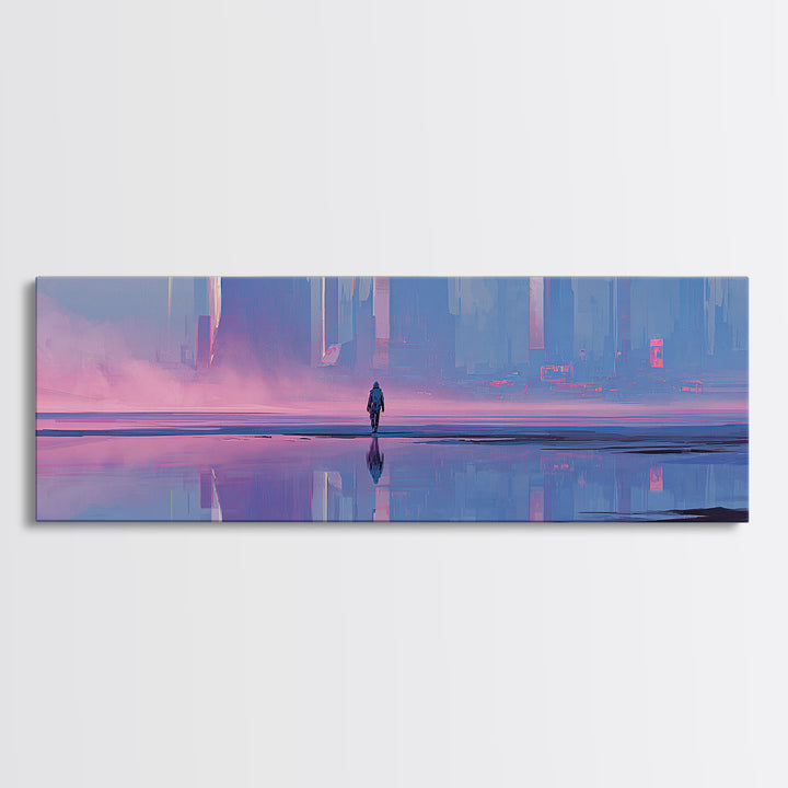 Silver Astronaut Walking Through Neon Desert Canvas Print, Futuristic Art, Canvas Wall Art, Living Room Decor, Oil Painting, FUT-3x1-93