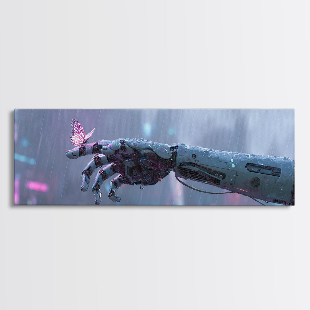 Robotic Hand Holding a Delicate Butterfly Canvas Print, Futuristic Art, Unique Wall Art, Living Room Decor, Fine Art, Future, FUT-3x1-96