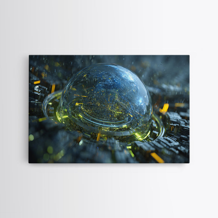 Orbital City Ring Around a Blue Planet Framed Canvas Print, Futuristic Art, Unique Home Decor, Living Room Decor, Future, FUT-3x2-14