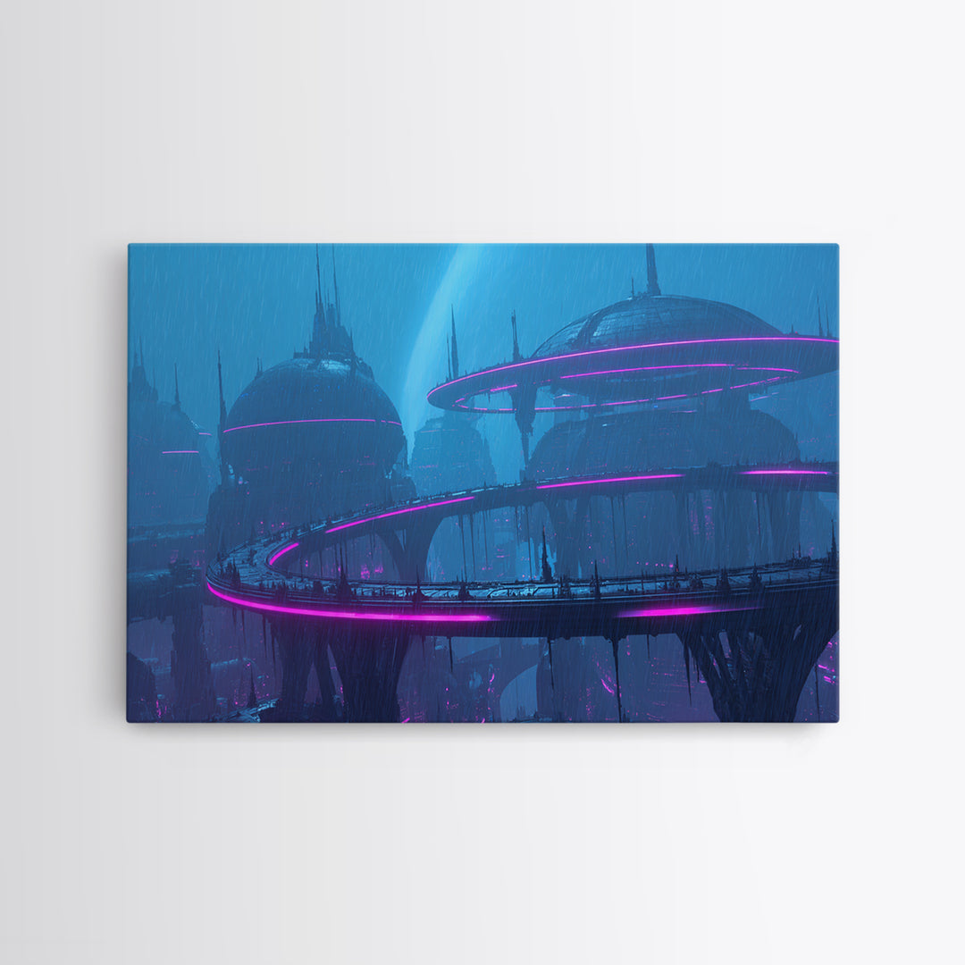 Orbital City Ring Around a Blue Planet Canvas Print, Futuristic Art, Modern Wall Decor, Living Room Decor, Fine Art, Future, FUT-3x2-38