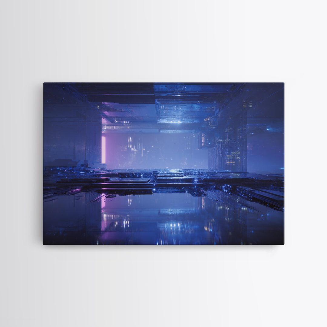 White and Blue Utopian Megastructure Framed Canvas Print, Futuristic Art, Mid Century Modern, Living Room Decor, Oil Painting, FUT-3x2-40