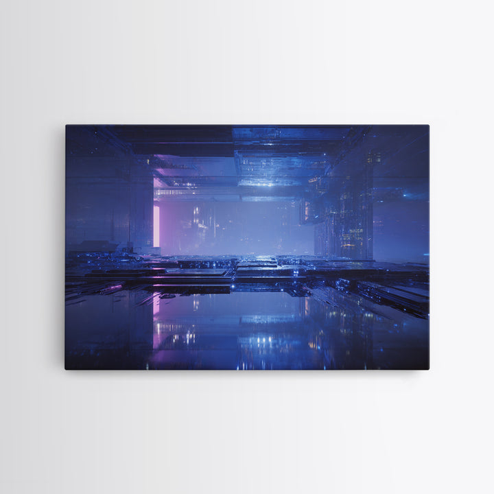 White and Blue Utopian Megastructure Framed Canvas Print, Futuristic Art, Mid Century Modern, Living Room Decor, Oil Painting, FUT-3x2-40