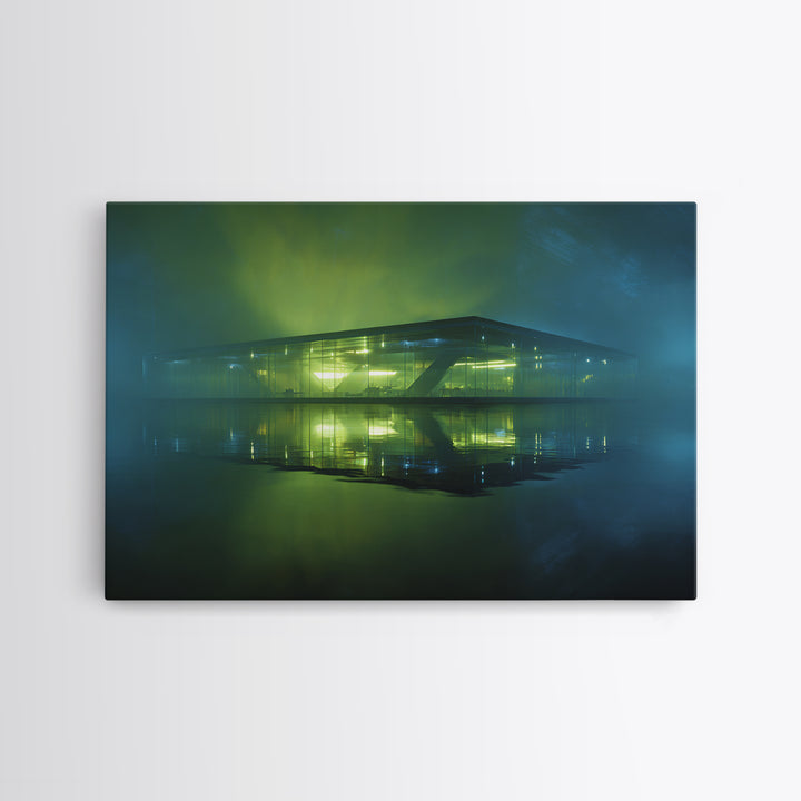 Floating Glass Architecture Above Reflective Water Canvas Print, Futuristic Art, Luxury Decor, Living Room Decor, Future, FUT-3x2-55