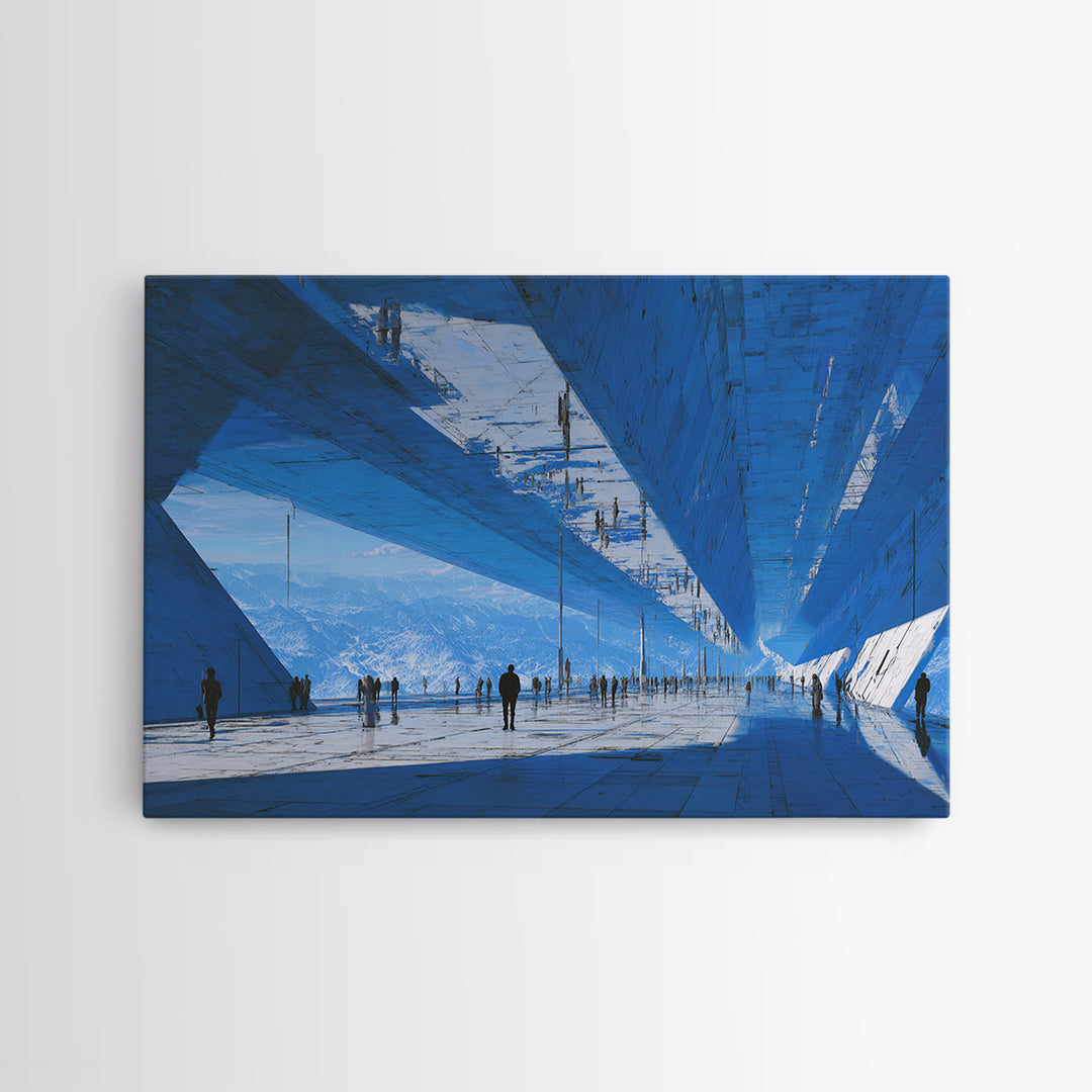 White and Blue Utopian Megastructure Framed Canvas Print, Futuristic Art, Landscape Art, Living Room Decor, Abstract Art, FUT-3x2-64