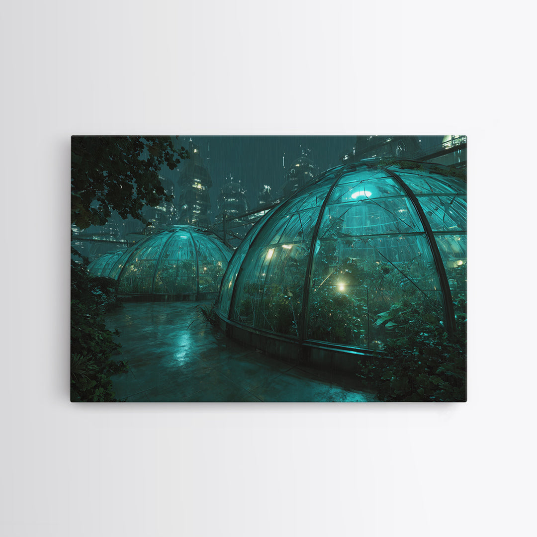 Futuristic Botanical Greenhouse Framed Canvas Print, Futuristic Art, Neutral Decor, Living Room Decor, Fine Art, Future, FUT-3x2-70