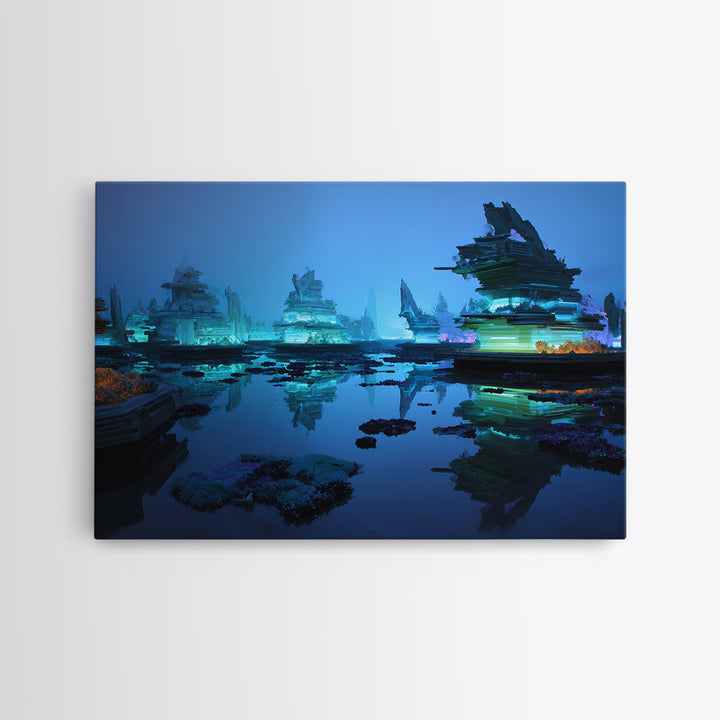 Bioluminescent Garden in a Future Habitat Framed Canvas Print, Futuristic Art, Minimalist Decor, Living Room Decor, Future, FUT-3x2-8