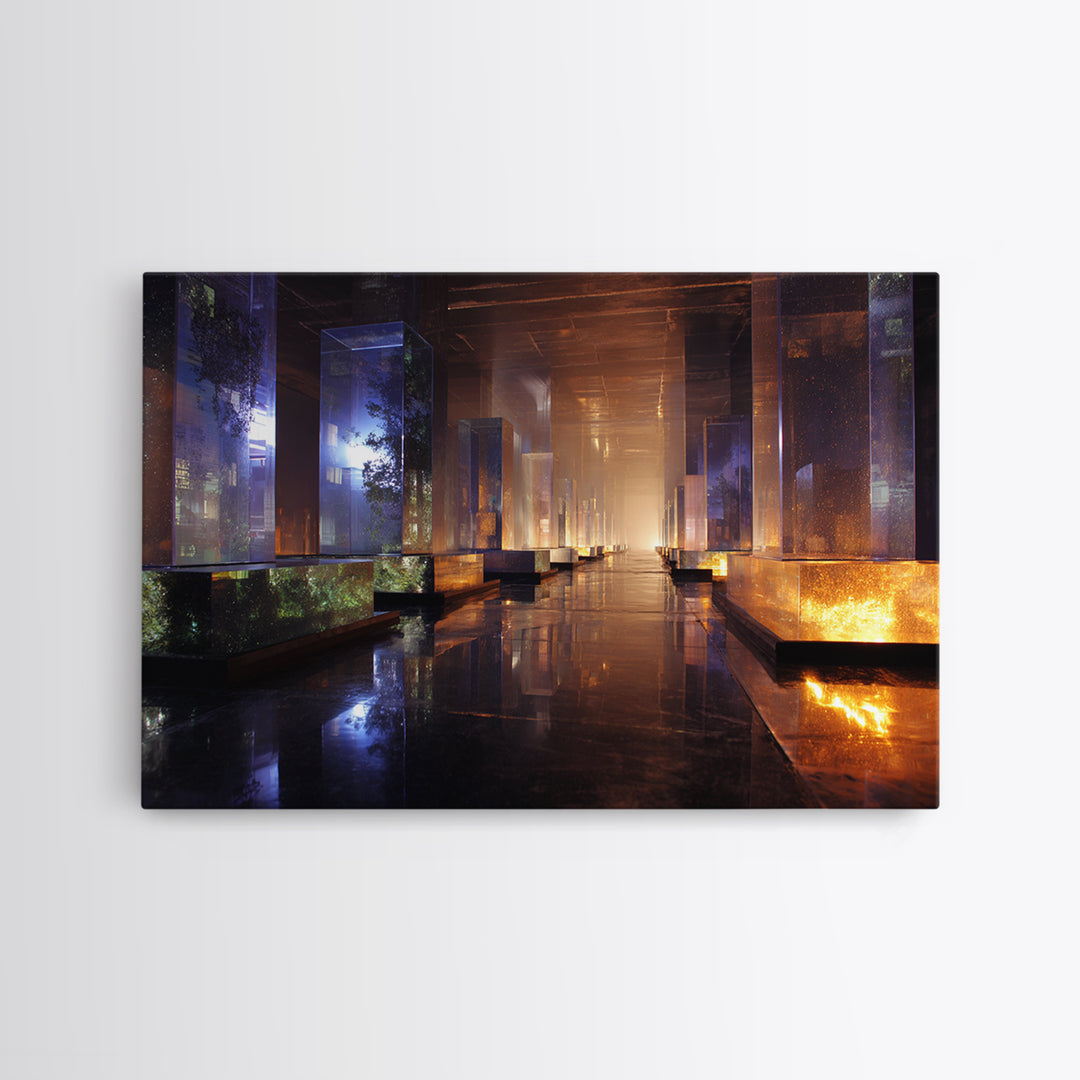 Bioluminescent Garden in a Future Habitat Framed Canvas Print, Futuristic Art, Cyberpunk Decor, Living Room Decor, Future, FUT-3x2-80