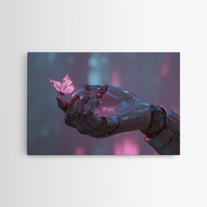 Robotic Hand Holding a Delicate Butterfly Canvas Print, Futuristic Art, Digital Poster, Living Room Decor, Fine Art, Future, FUT-3x2-84
