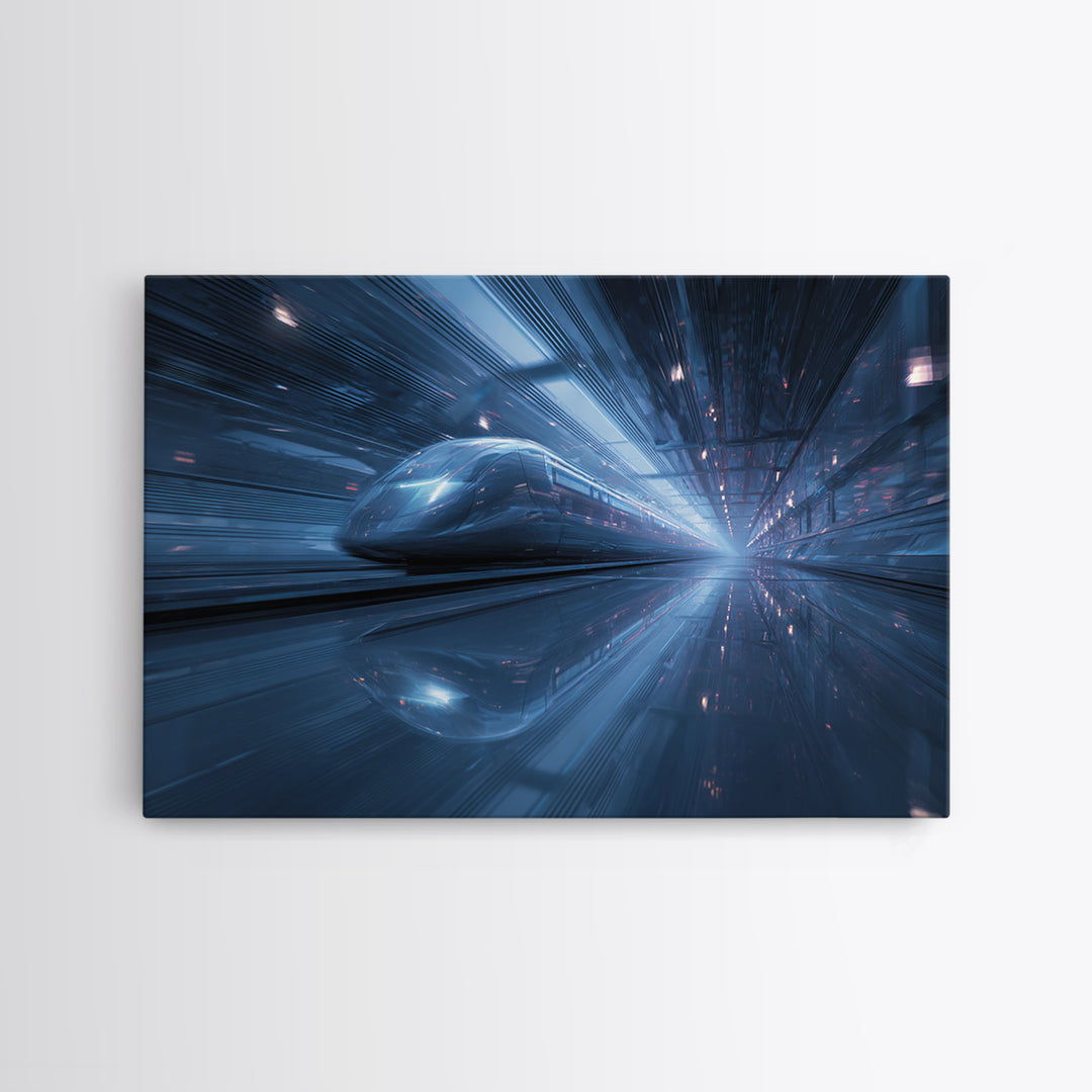 Transparent Train Speeding Through Light Tunnels Canvas Print, Futuristic Art, Victorian Decor, Living Room Decor, Future, FUT-3x2-87
