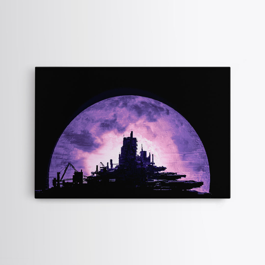 Moon Colony Silhouette Framed Canvas Print, Futuristic Art, Digital Print, Living Room Decor, Watercolor Art, Future, FUT-3x2-97
