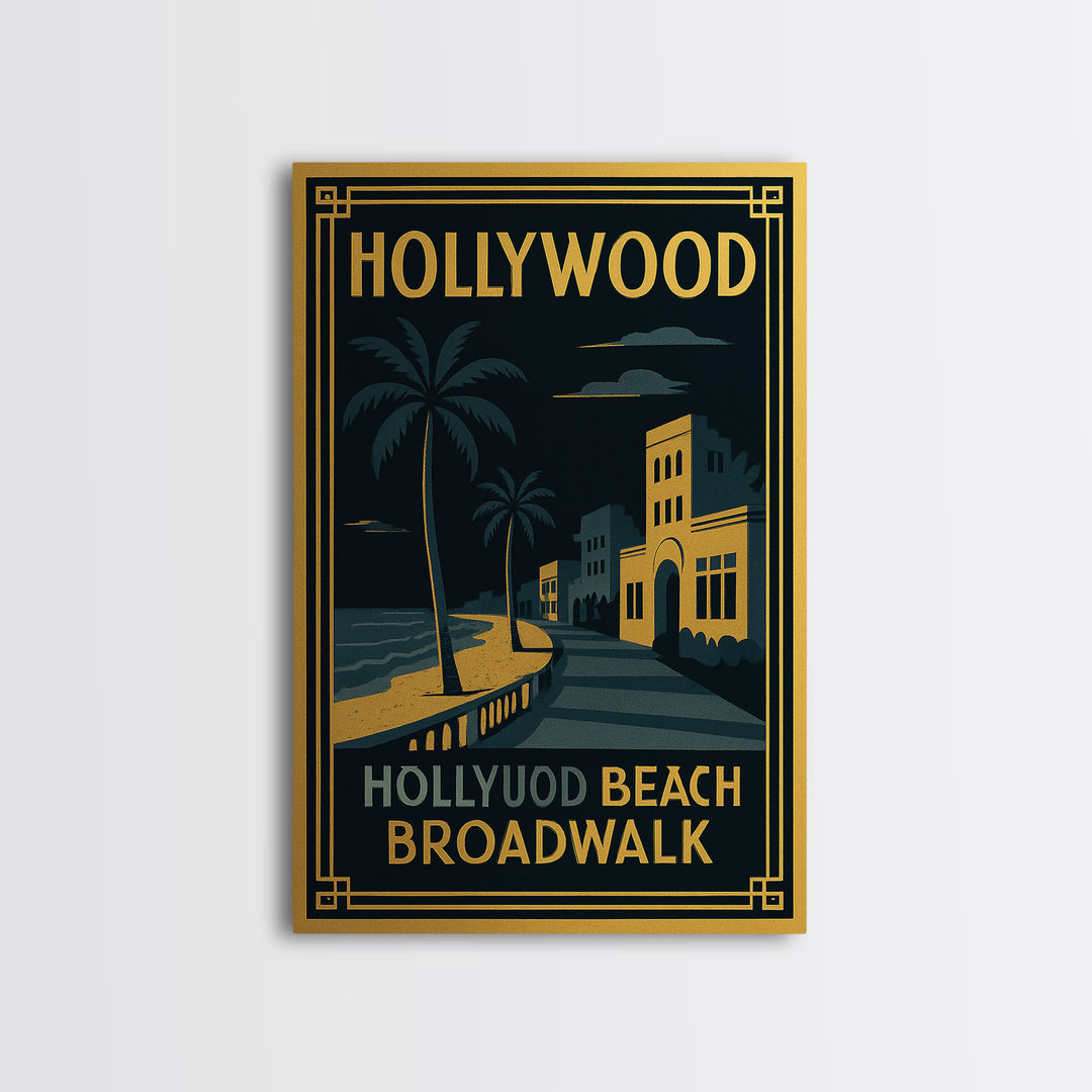 Hollywood Florida Travel Poster, Canvas Print, Gold Art Deco Wall Art, Hollywood City Art, Retro Travel Print, Travel Print, Wall Art