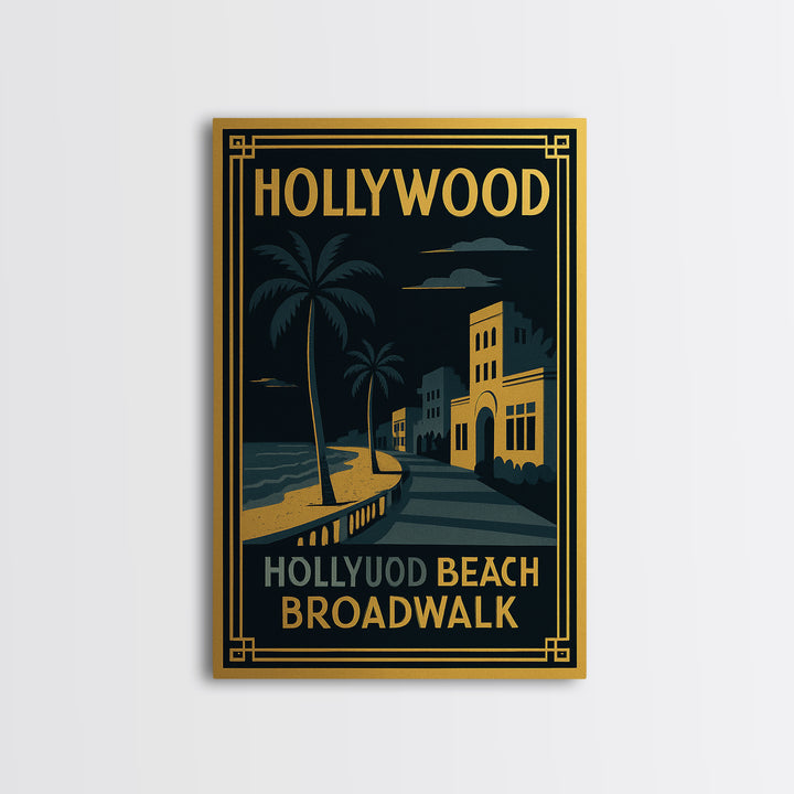 Hollywood Florida Travel Poster, Canvas Print, Gold Art Deco Wall Art, Hollywood City Art, Retro Travel Print, Travel Print, Wall Art