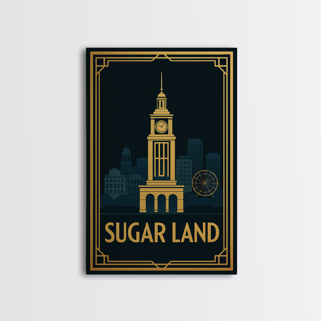 Sugar Land Travel Poster, Canvas Print, Black Gold City Wall Art, Sugar Land Art Print, Retro Travel Print, Watercolor Downtown Skyline