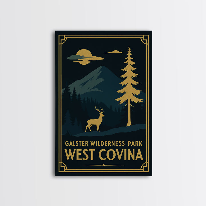 West Covina California Travel Poster, Canvas Print, Gold Art Deco Wall Art, West Covina Poster Print, Vintage City Art, Mid Century Wall Art