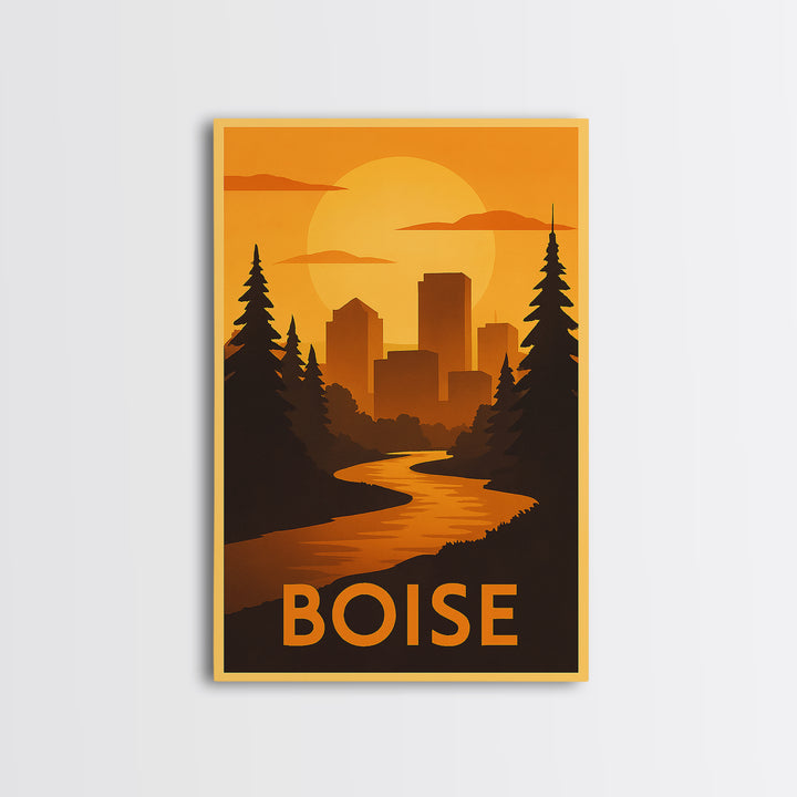Boise Travel Poster, Canvas Print, Gold Art Deco Poster Art, Boise Wall Art, City Illustration, City Art Print, Gift For Travelers