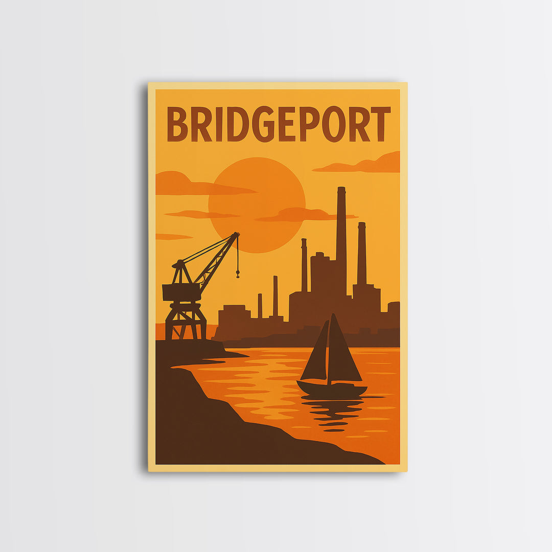 Bridgeport Connecticut Travel Poster, Canvas Print, Warm Sunset Silhouette Art, Bridgeport City Art, Travel Print, Watercolor Skyline Art