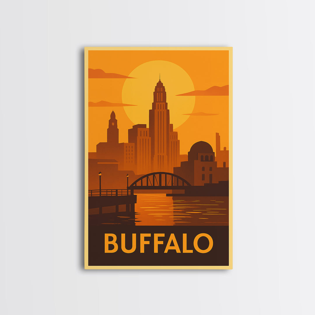 Buffalo Travel Poster, Framed Canvas Print, Golden Travel Poster Art, Buffalo Travel Art, Home Office Decor, Watercolor Skyline