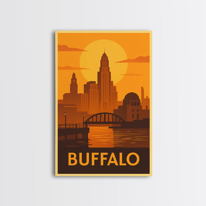 Buffalo Travel Poster, Framed Canvas Print, Golden Travel Poster Art, Buffalo Travel Art, Home Office Decor, Watercolor Skyline