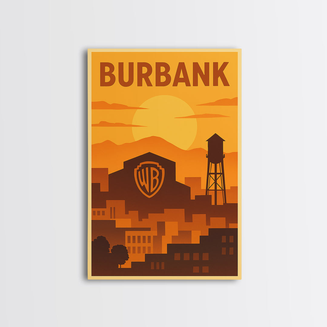 Burbank California Travel Poster, Canvas Print, Gold Art Deco Poster Art, Burbank Wall Art, Skyline Art, Poster Art, Gift For Travelers